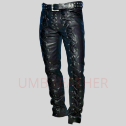 Men's Leather Pants Front & Back Laced Up Black Bikers 100% Real Leather Pants
