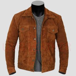 Suede Jeans Leather Jacket In Navy Blue Color With Silver Star Buttons