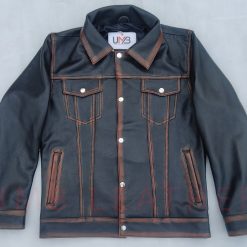 Black Denim Leather Distressed Jacket