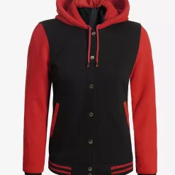 Women's Black and Red Hooded Varsity Jacket - Baseball Letterman Style