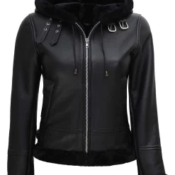 Womens Black hooded Shearling Bomber Leather Jacket