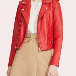 Notched Collar Red Leather Moto Zipper Jacket