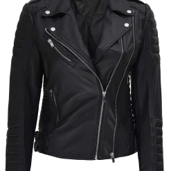 Women's Black Asymmetrical Cafe Racer Leather Jacket