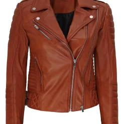 Women's Tan Asymmetrical Cafe Racer Leather Jacket