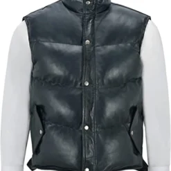 Navy Blue Puffer Leather Vest Sheepskin Leather Waistcoat with Shearling Collar & Zipper Closure