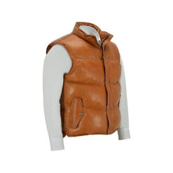 Tan Brown Women Leather Puffer Vest